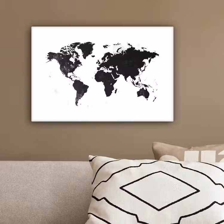 Wereldkaart - Zwart - Wit - Strak canvas 2cm klein -sfeer3