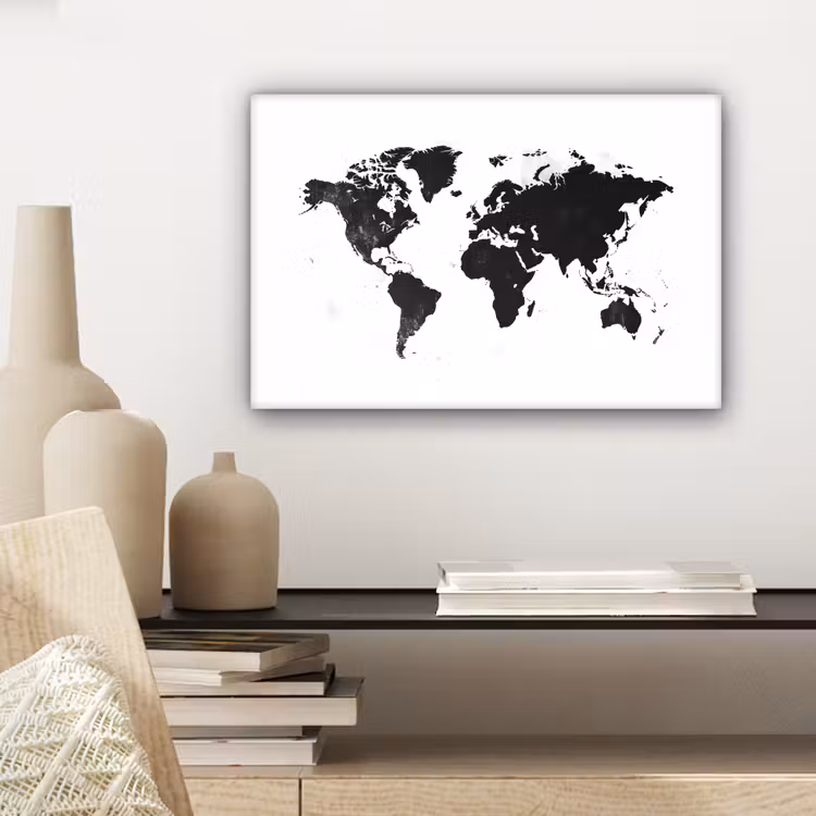 Wereldkaart - Zwart - Wit - Strak canvas 2cm klein -sfeer6