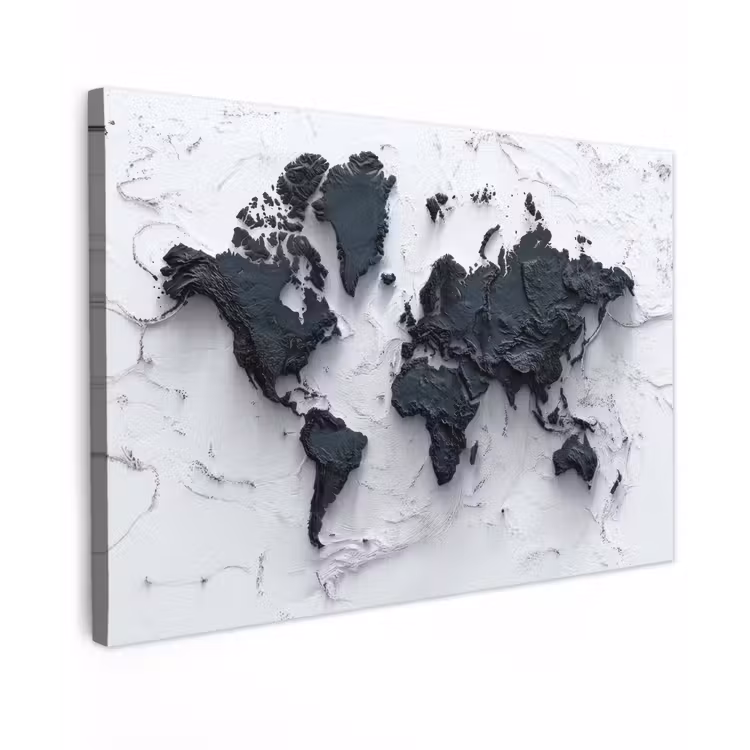 Wereldkaart - Zwarte- Steen canvas 2cm klein -z3d