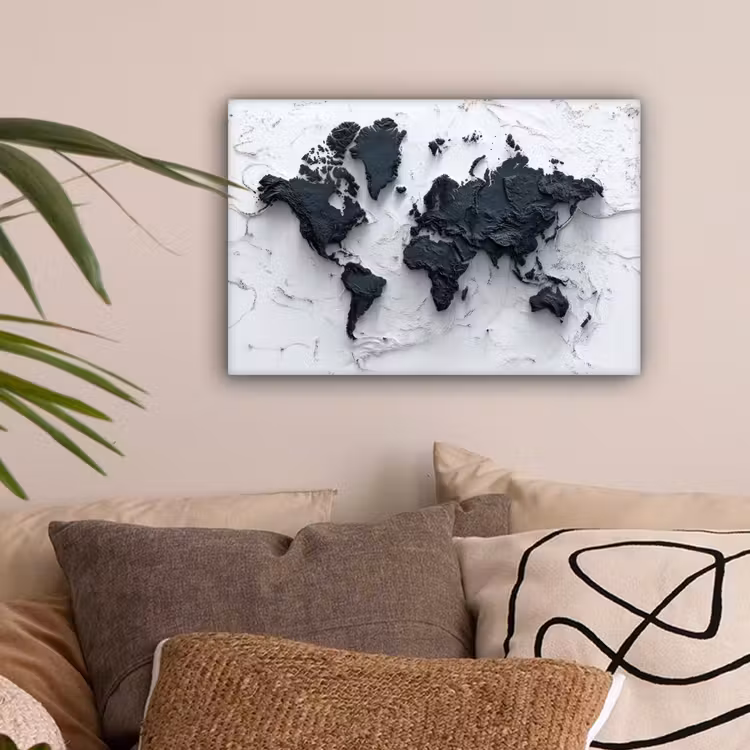 Wereldkaart - Zwarte- Steen canvas 2cm klein -sfeer1