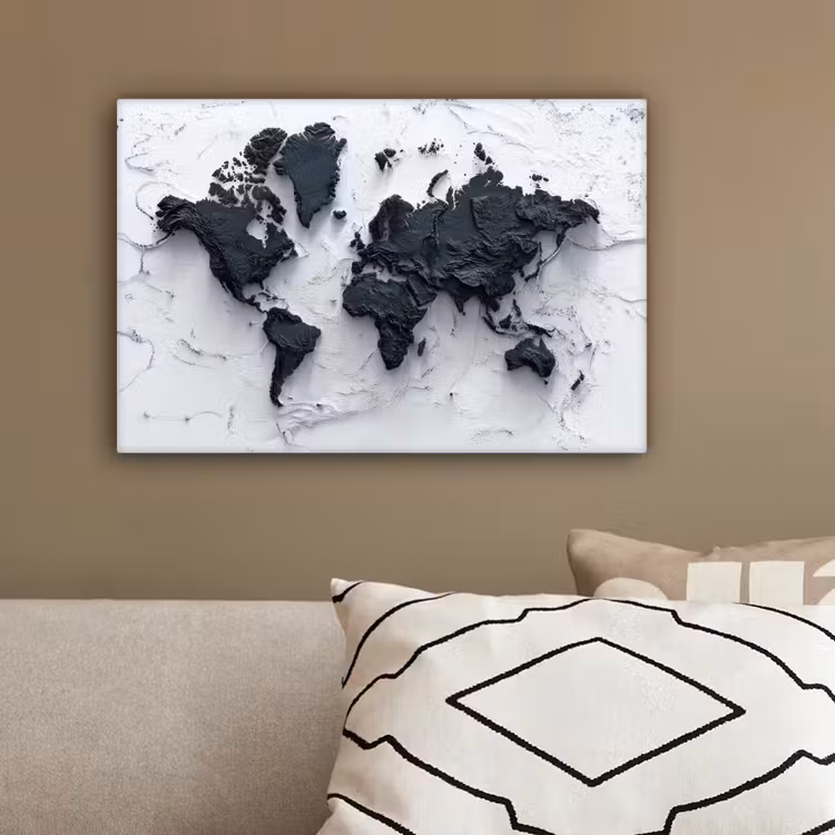 Wereldkaart - Zwarte- Steen canvas 2cm klein -sfeer3