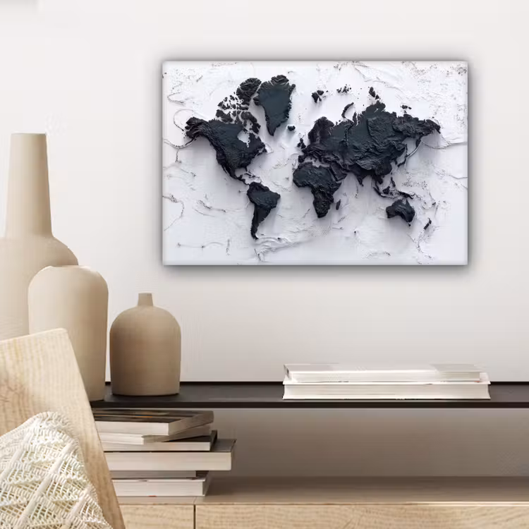 Wereldkaart - Zwarte- Steen canvas 2cm klein -sfeer6