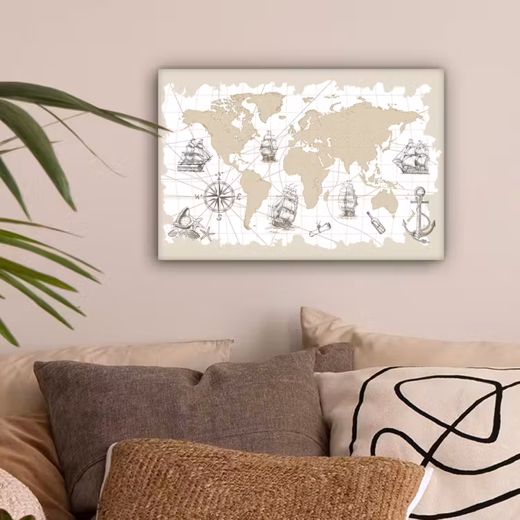 Wereldkaart - Zeevaart - Ontdekking - Beige canvas 2cm klein -sfeer1
