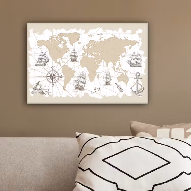 Wereldkaart - Zeevaart - Ontdekking - Beige canvas 2cm klein -sfeer3