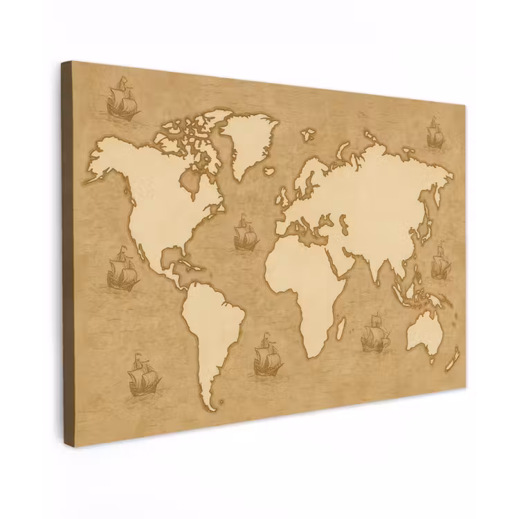 Wereldkaart - Zeilschepen - Ouderwets canvas 2cm klein -z3d