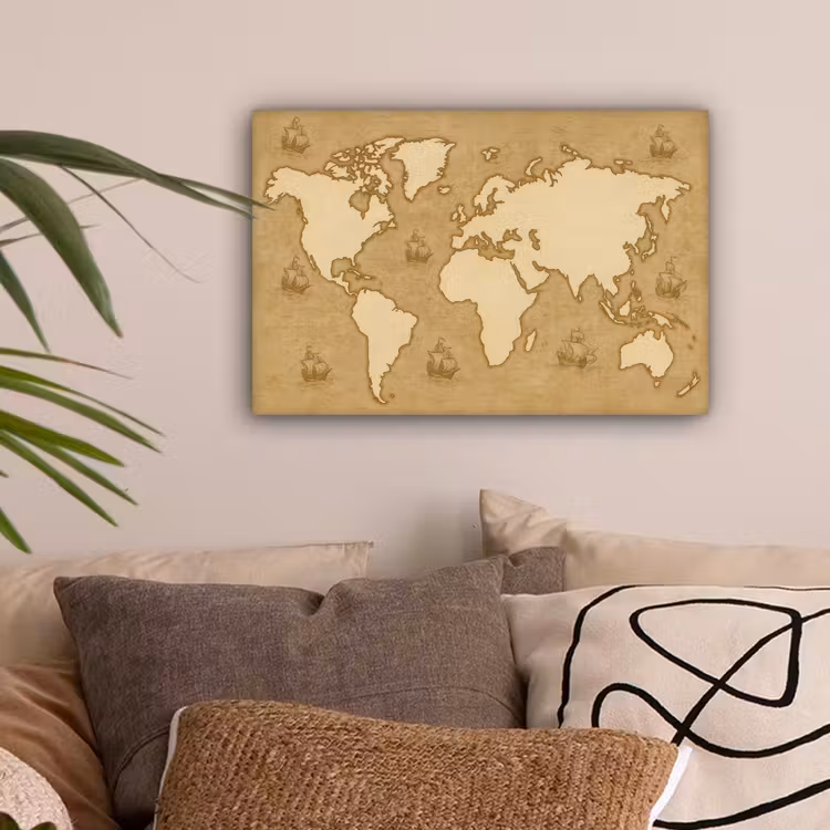 Wereldkaart - Zeilschepen - Ouderwets canvas 2cm klein -sfeer1