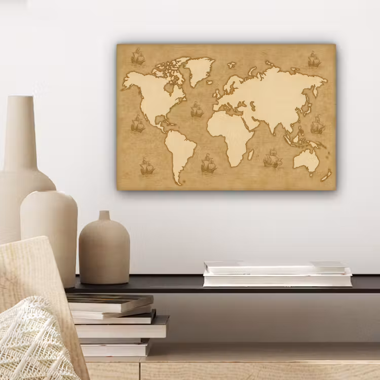 Wereldkaart - Zeilschepen - Ouderwets canvas 2cm klein -sfeer6