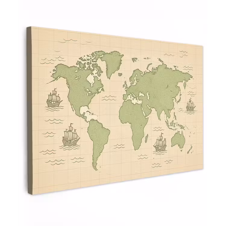 Wereldkaart - Zeilschepen - Lichtgroen canvas 2cm klein -z3d