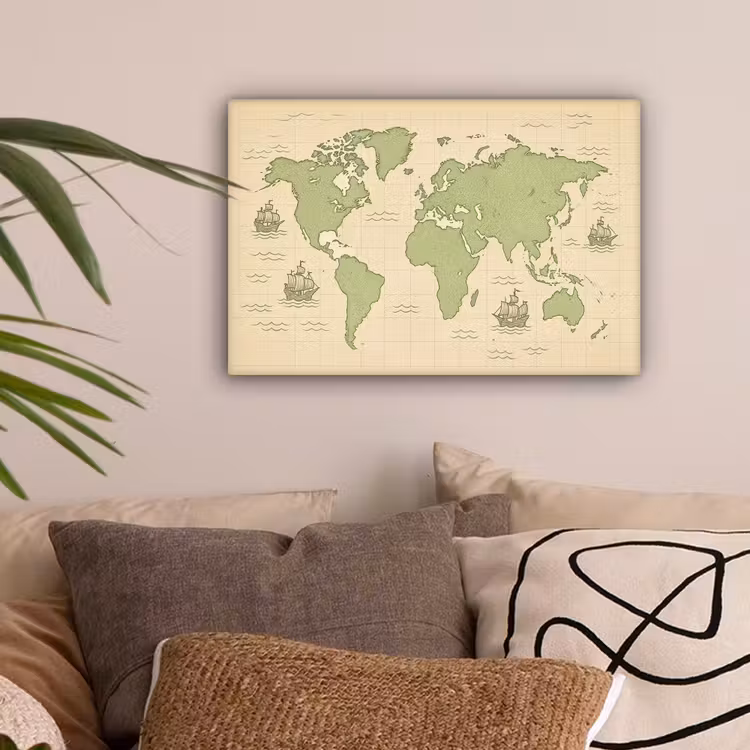 Wereldkaart - Zeilschepen - Lichtgroen canvas 2cm klein -sfeer1