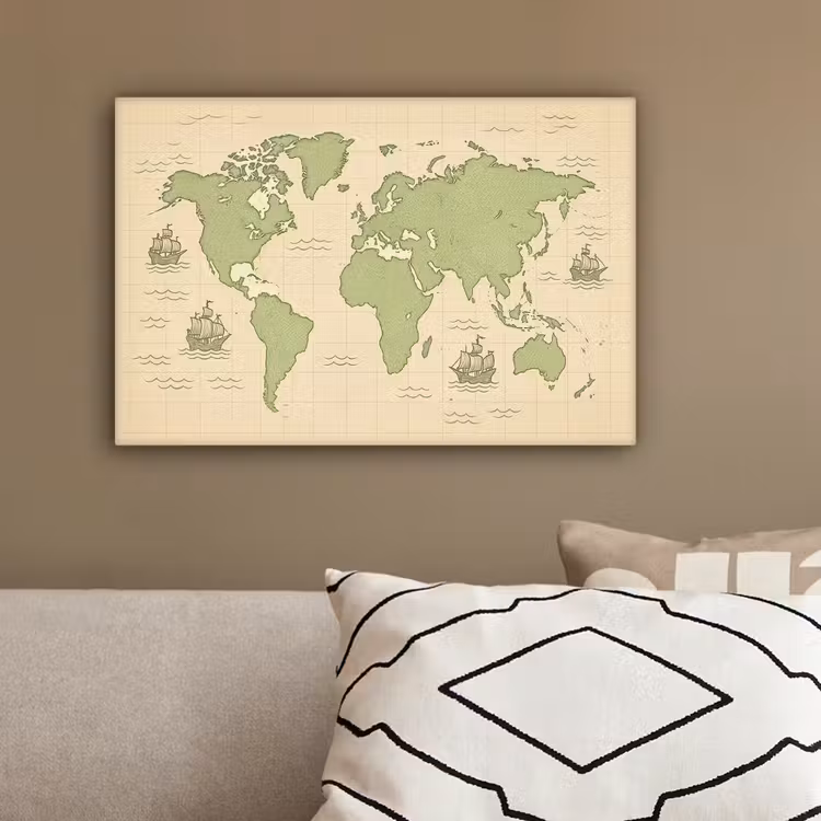 Wereldkaart - Zeilschepen - Lichtgroen canvas 2cm klein -sfeer3