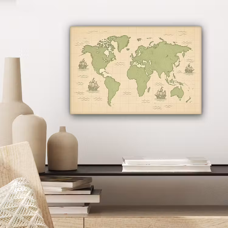 Wereldkaart - Zeilschepen - Lichtgroen canvas 2cm klein -sfeer6