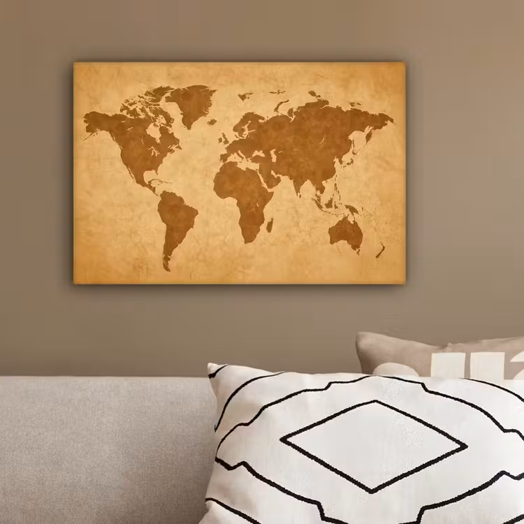 Wereldkaart -  sepia silhouet canvas 2cm klein -sfeer3