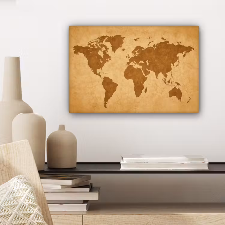Wereldkaart -  sepia silhouet canvas 2cm klein -sfeer6
