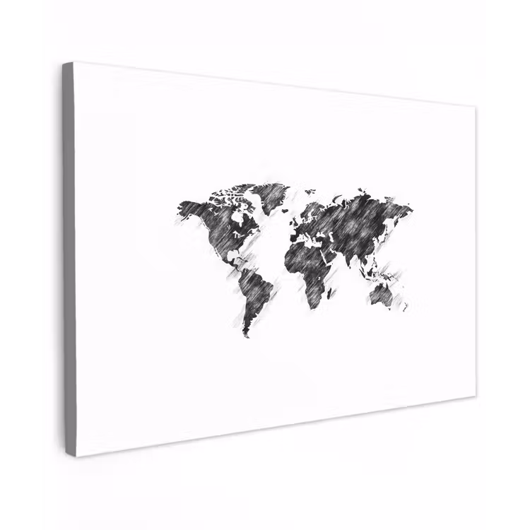 Wereldkaart - Schets - Potlood - Zwart canvas 2cm klein -z3d