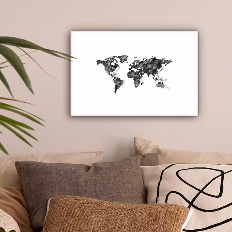Wereldkaart - Schets - Potlood - Zwart canvas 2cm klein -sfeer1