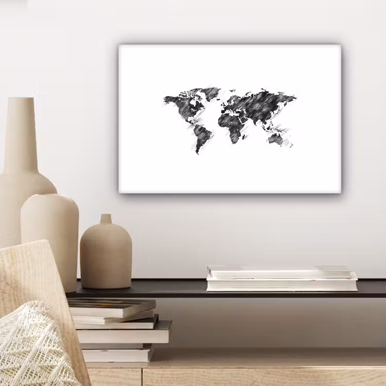Wereldkaart - Schets - Potlood - Zwart canvas 2cm klein -sfeer6