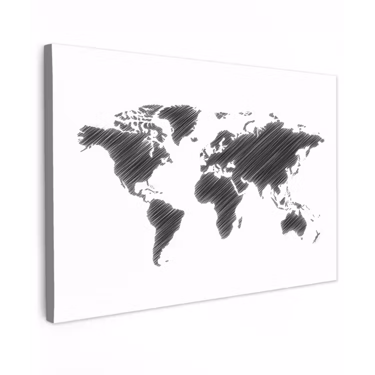 Wereldkaart - Schets - Zwart - Wit canvas 2cm klein -z3d