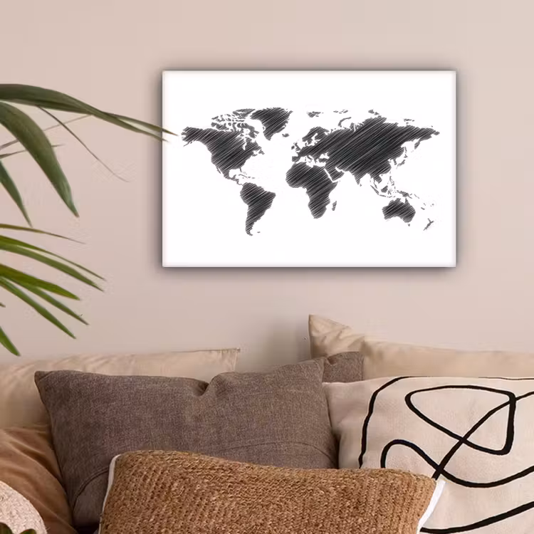 Wereldkaart - Schets - Zwart - Wit canvas 2cm klein -sfeer1