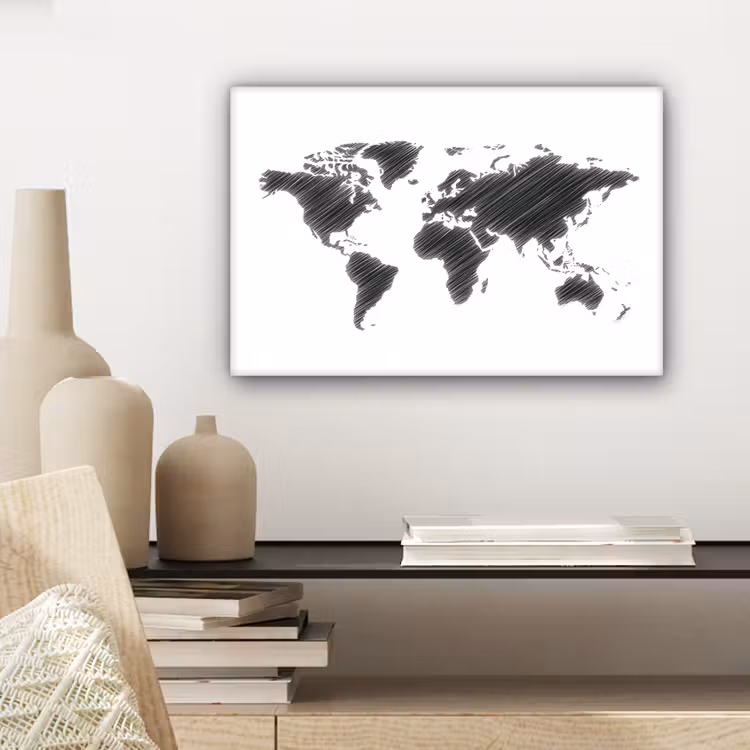 Wereldkaart - Schets - Zwart - Wit canvas 2cm klein -sfeer6