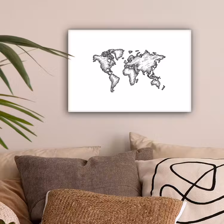 Wereldkaart - Schets - Wit - Zwart canvas 2cm klein -sfeer1