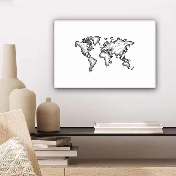 Wereldkaart - Schets - Wit - Zwart canvas 2cm klein -sfeer6