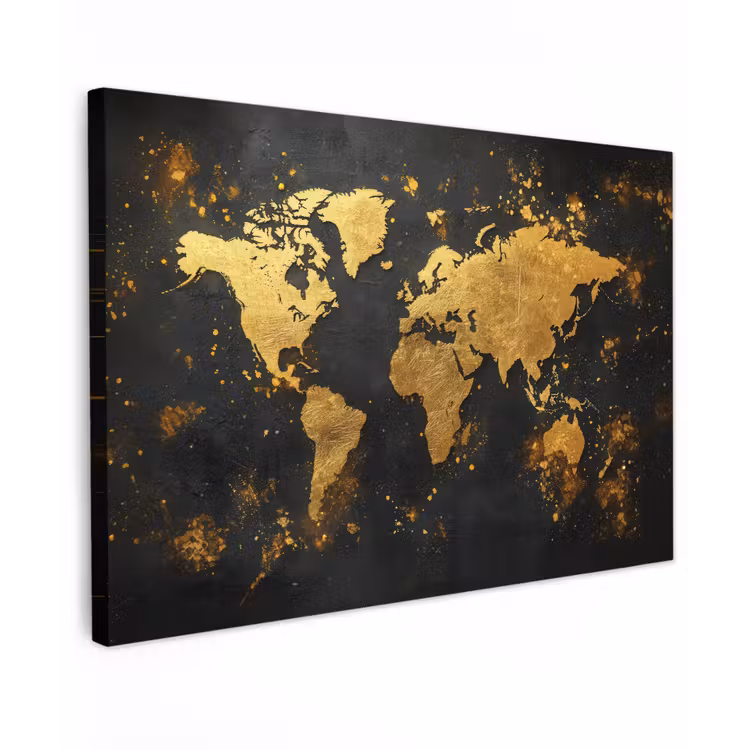 Wereldkaart - Spetters - Zwart - Artistiek canvas 2cm klein -z3d