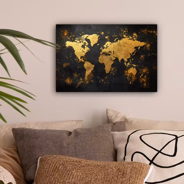 Wereldkaart - Spetters - Zwart - Artistiek canvas 2cm klein -sfeer1