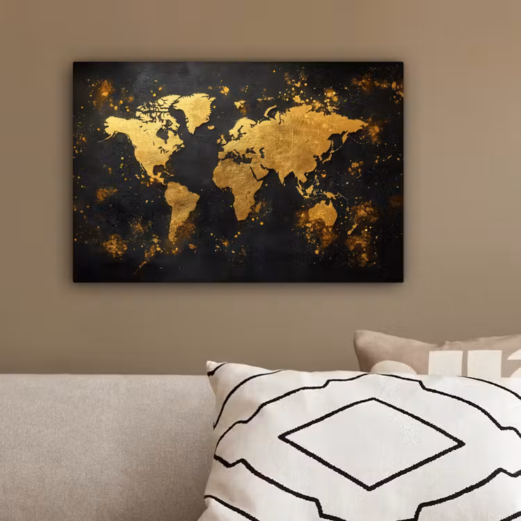 Wereldkaart - Spetters - Zwart - Artistiek canvas 2cm klein -sfeer3