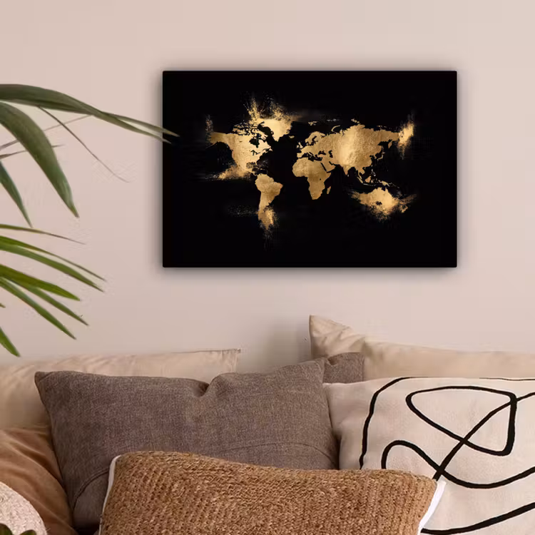 Wereldkaart - Stofexplosies - Gouddeeltjes canvas 2cm klein -sfeer1