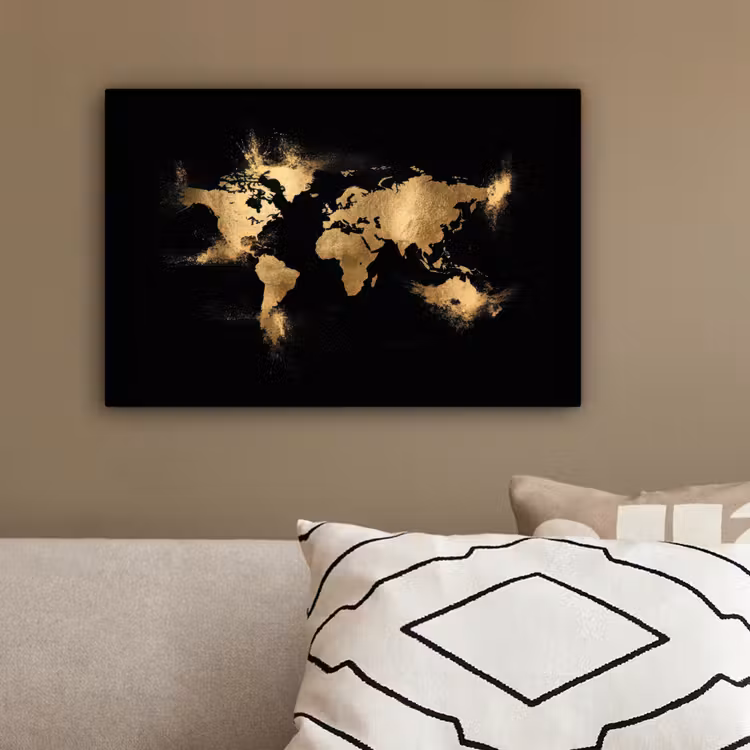 Wereldkaart - Stofexplosies - Gouddeeltjes canvas 2cm klein -sfeer3