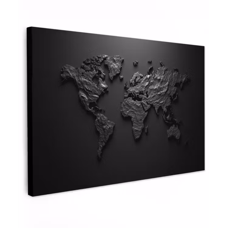 Wereldkaart - Steen - Zwart canvas 2cm klein -z3d