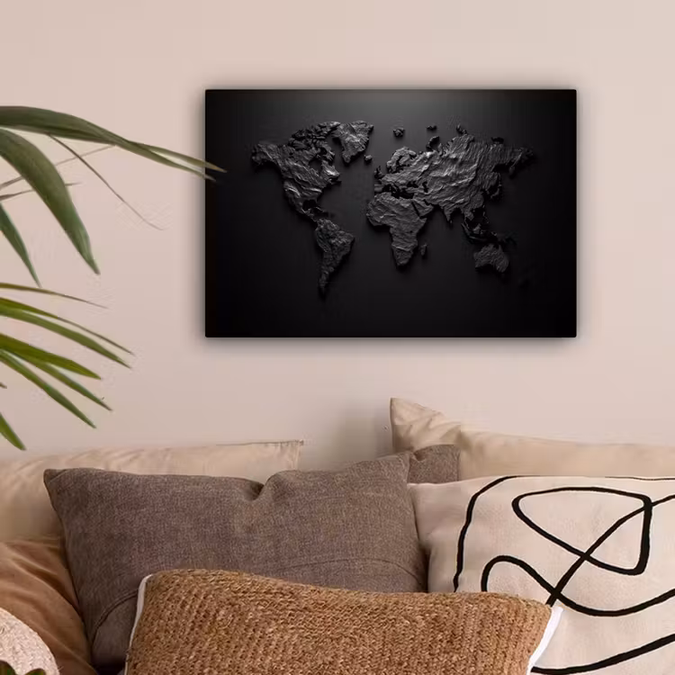 Wereldkaart - Steen - Zwart canvas 2cm klein -sfeer1