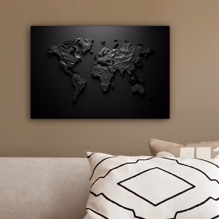 Wereldkaart - Steen - Zwart canvas 2cm klein -sfeer3