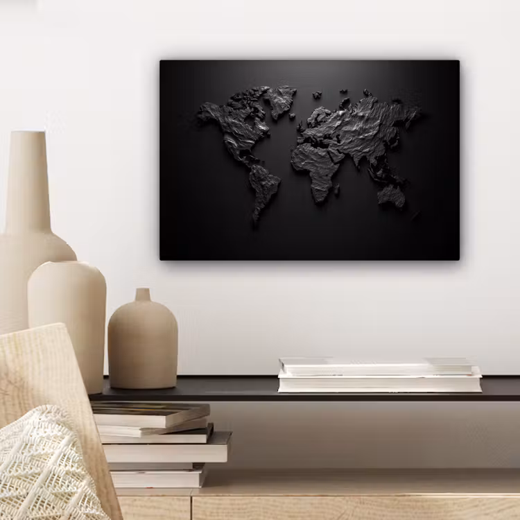 Wereldkaart - Steen - Zwart canvas 2cm klein -sfeer6