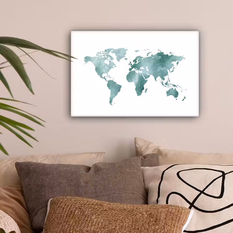 Wereldkaart - Subtiel - Groen canvas 2cm klein -sfeer1
