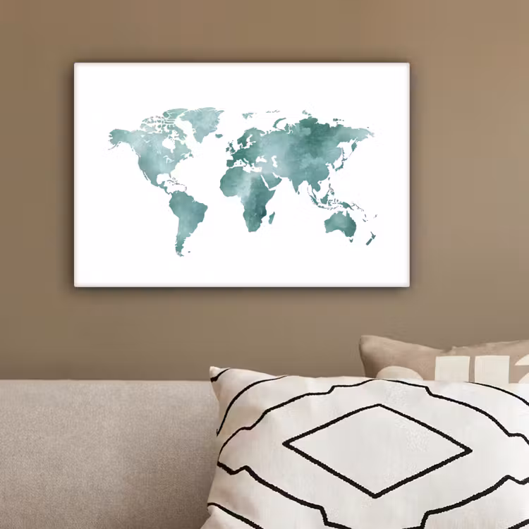 Wereldkaart - Subtiel - Groen canvas 2cm klein -sfeer3