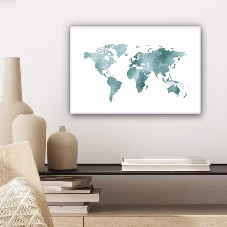 Wereldkaart - Subtiel - Groen canvas 2cm klein -sfeer6