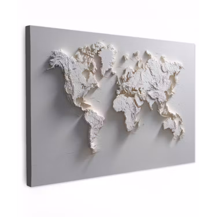Wereldkaart - Subtiel reliëf - Wit canvas 2cm klein -z3d