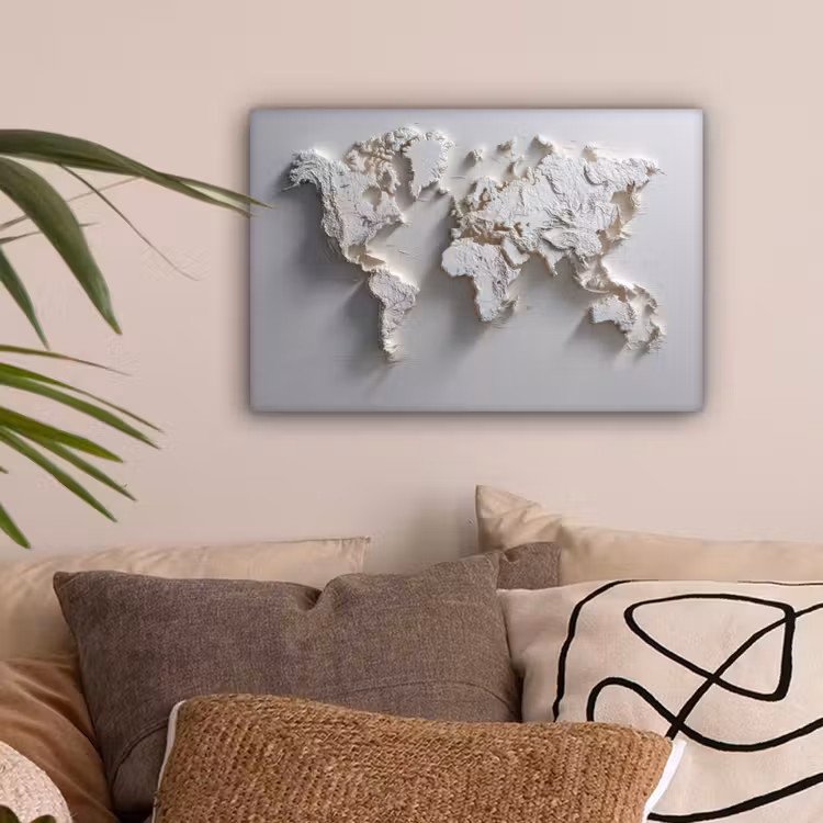 Wereldkaart - Subtiel reliëf - Wit canvas 2cm klein -sfeer1