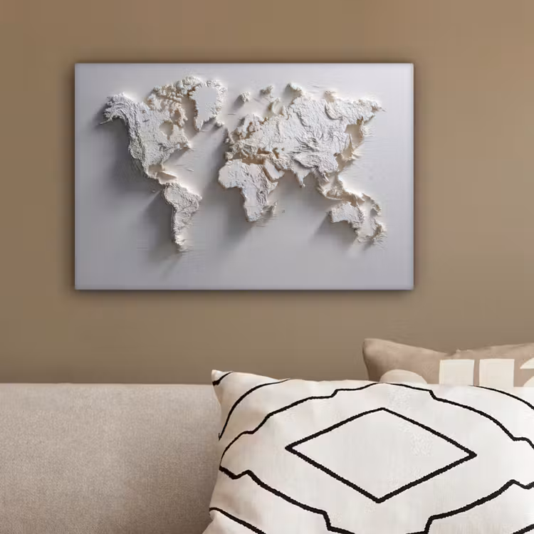 Wereldkaart - Subtiel reliëf - Wit canvas 2cm klein -sfeer3