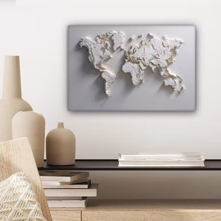Wereldkaart - Subtiel reliëf - Wit canvas 2cm klein -sfeer6
