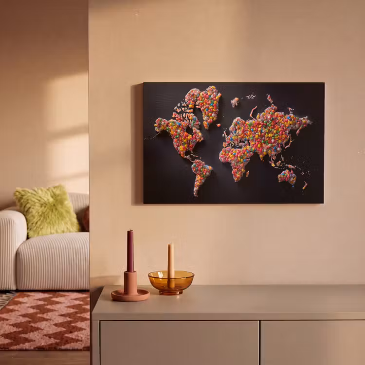 Wereldkaart - Snoepjes - Felle kleuren canvas 2cm klein -sfeer1