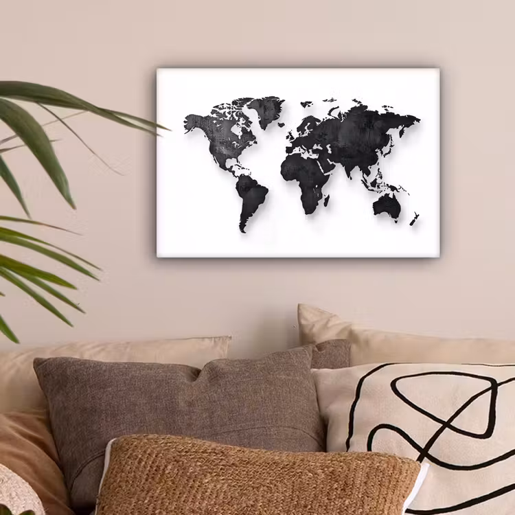 Wereldkaart - Diepte - Zwart canvas 2cm klein -sfeer1
