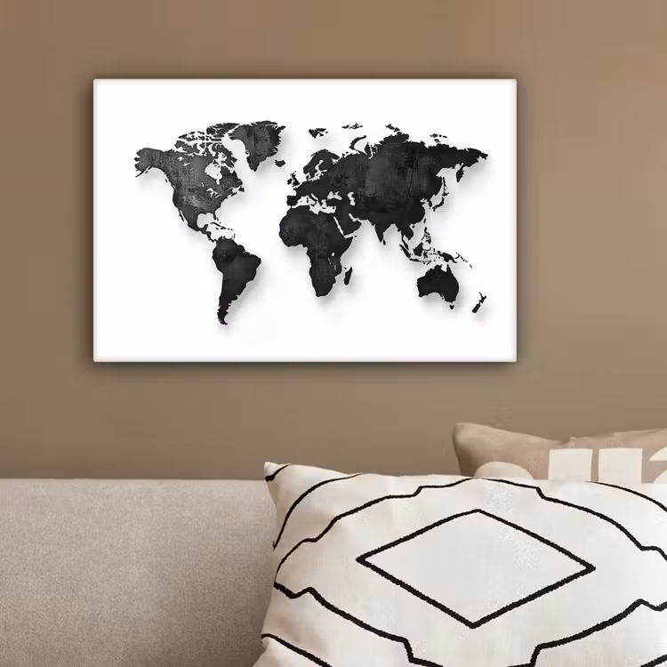 Wereldkaart - Diepte - Zwart canvas 2cm klein -sfeer3