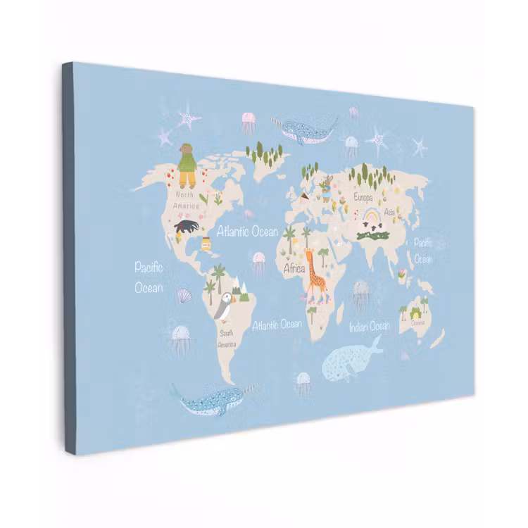 Wereldkaart - Dieren - Blauw canvas 2cm klein -z3d