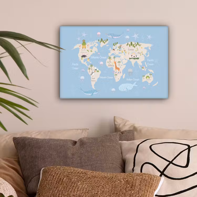 Wereldkaart - Dieren - Blauw canvas 2cm klein -sfeer1