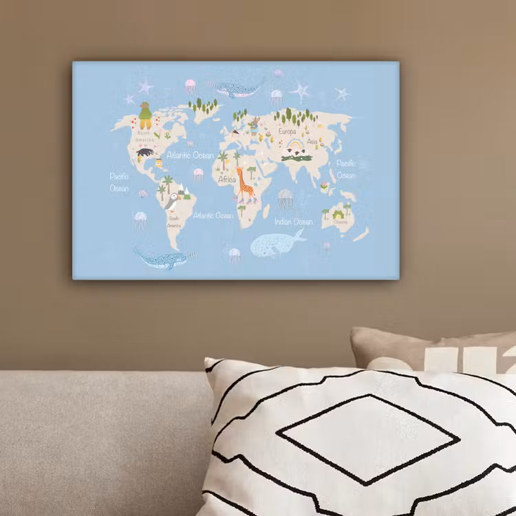 Wereldkaart - Dieren - Blauw canvas 2cm klein -sfeer3