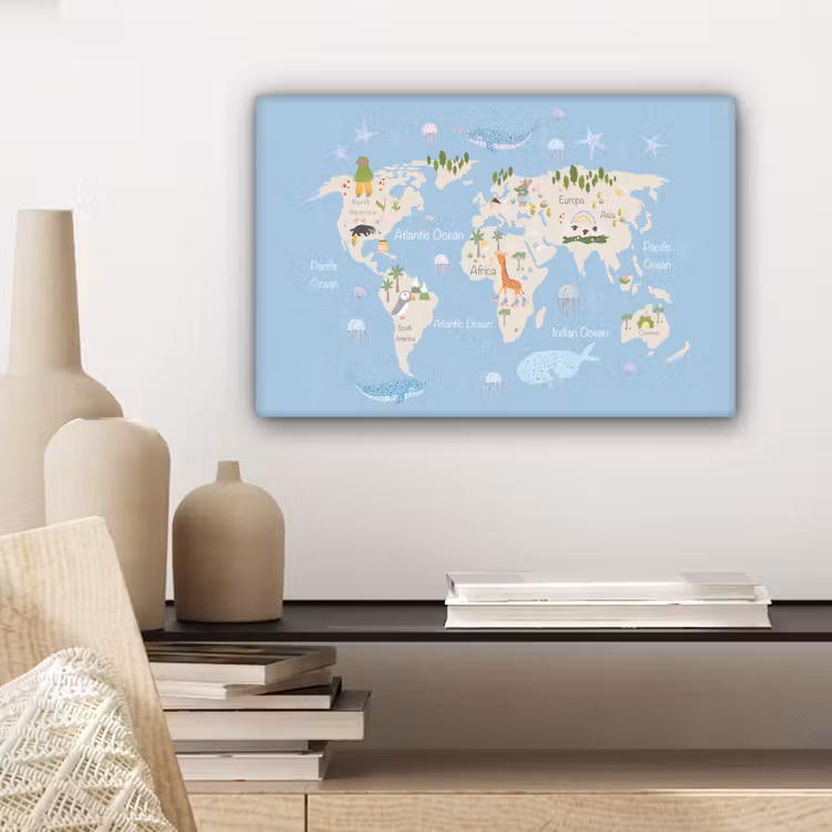 Wereldkaart - Dieren - Blauw canvas 2cm klein -sfeer6