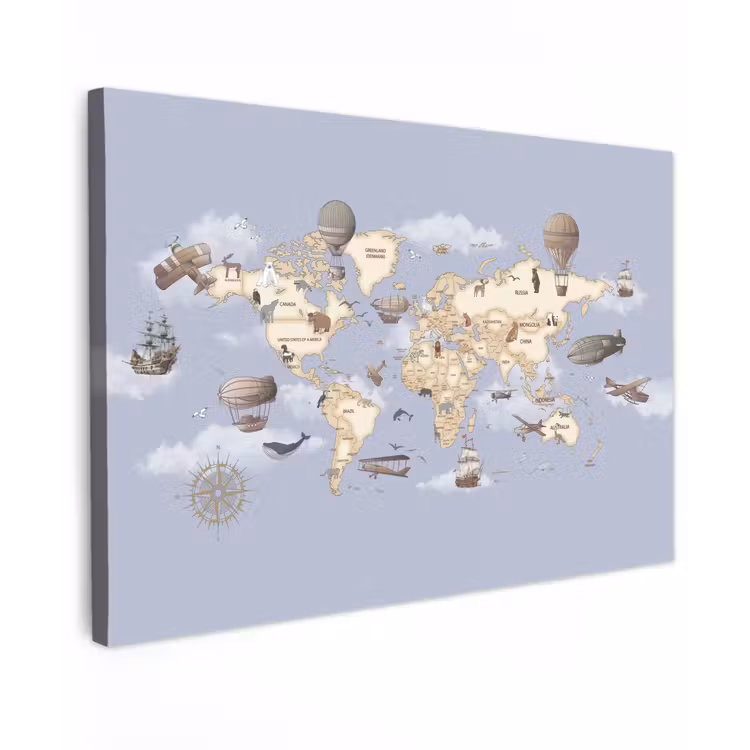 Wereldkaart - Dieren - Luchtvaart canvas 2cm klein -z3d