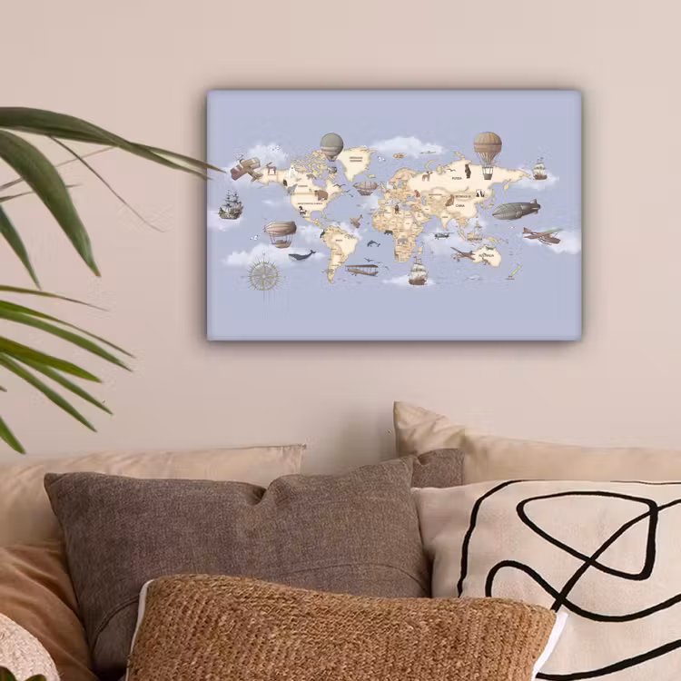 Wereldkaart - Dieren - Luchtvaart canvas 2cm klein -sfeer1